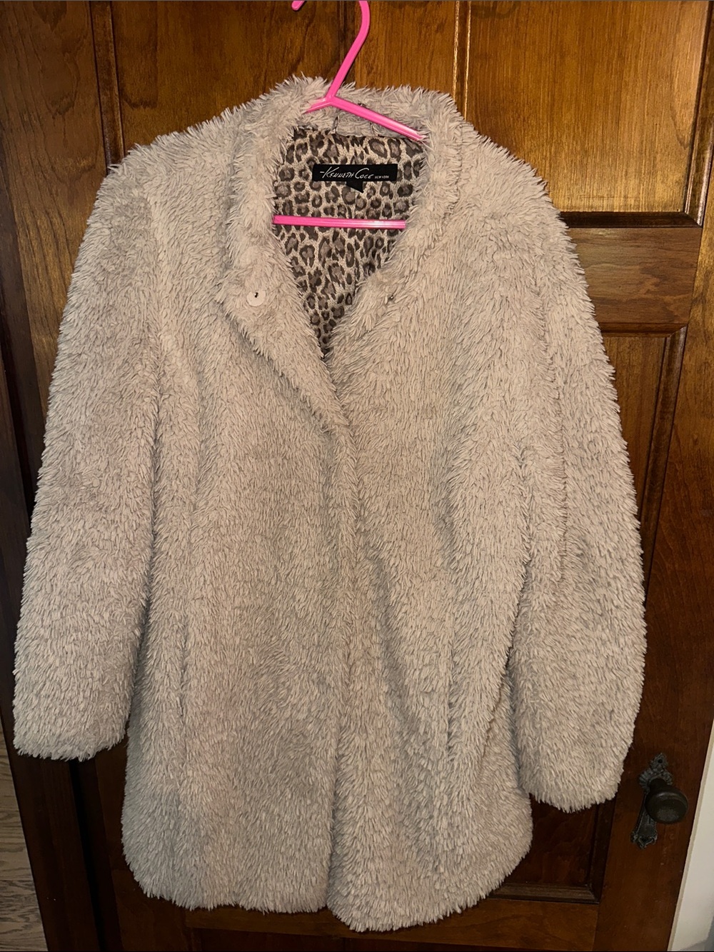 Kenneth Cole Cream Faux Fur Teddy Coat with Leopard Lining